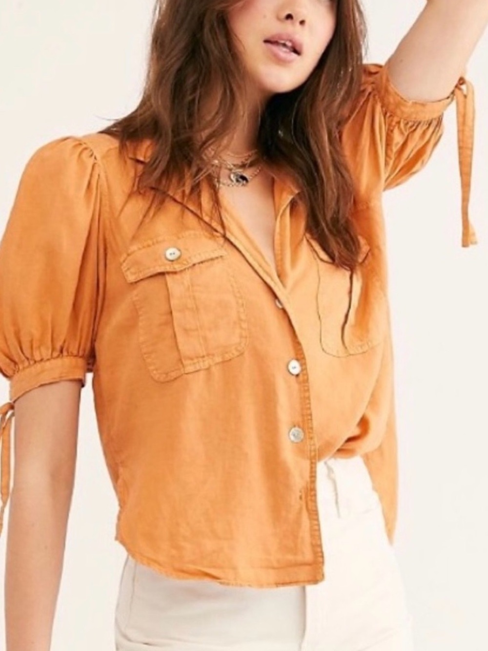 Free People Safari Babe Woven Top Peach Linen Blend Puff Sleeve XS NWT
